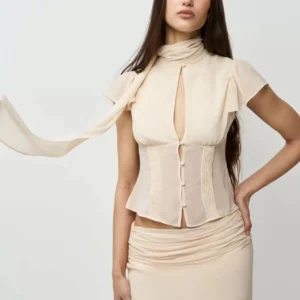 Apricot Silk Scarf Ribbon Chiffon Shirt Semi Transparent High Waist – Virelia Fashion