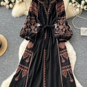 Bohemian Retro Ethnic Style Dress Embroidered Lace Up – Virelia Fashion