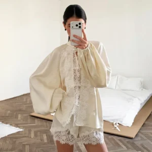 Elegant Satin Apricot Lace Shorts Suit Pajamas Button – Virelia Fashion